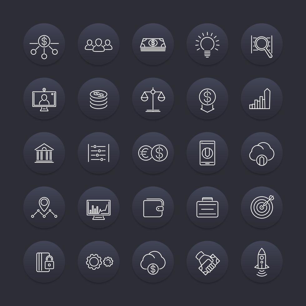 Venture capital line icons, investments, risk assessment, forex, hedge fund, capital, startup company, round dark icons, vector illustration