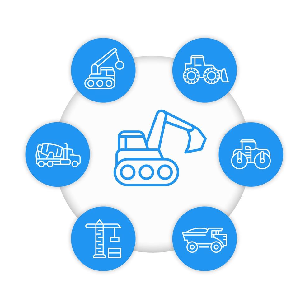 construction vehicles line icons, heavy machines, excavator, concrete mixer vector