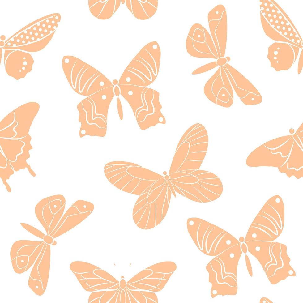 mariposa insecto aislado ilustración vectorial. plantilla de patrones sin fisuras de color naranja pastel pálido. dibujo de esquema gráfico simple. conjunto de iconos de animales de mosca de garabato. diseño de papel tapiz de vivero. vector