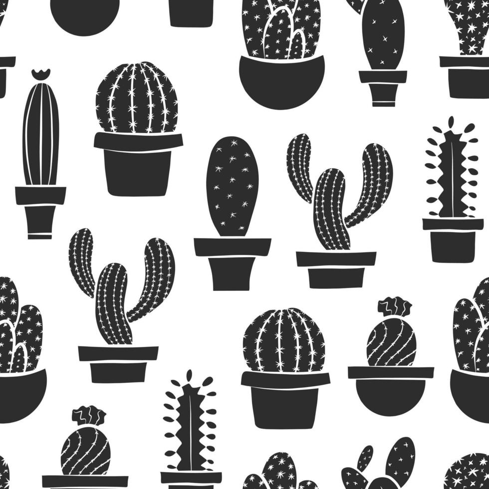 Ilustración de vector aislado de planta de cactus. plantilla de patrones sin fisuras en blanco y negro. dibujo de esquema gráfico simple. juego de iconos de flores suculentas del desierto de garabatos.