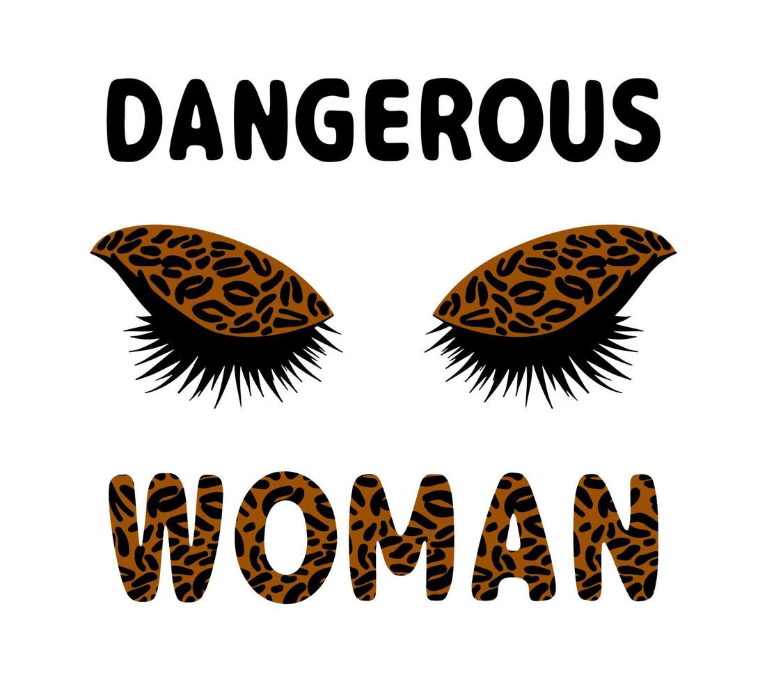 Dangerous woman beauty poster. Eye look isolated vector sketch, animal print icon outline drawing. Makeup design element concept. Black leopard eyelashes. Cosmetic, fashion, glamour. Girl power.