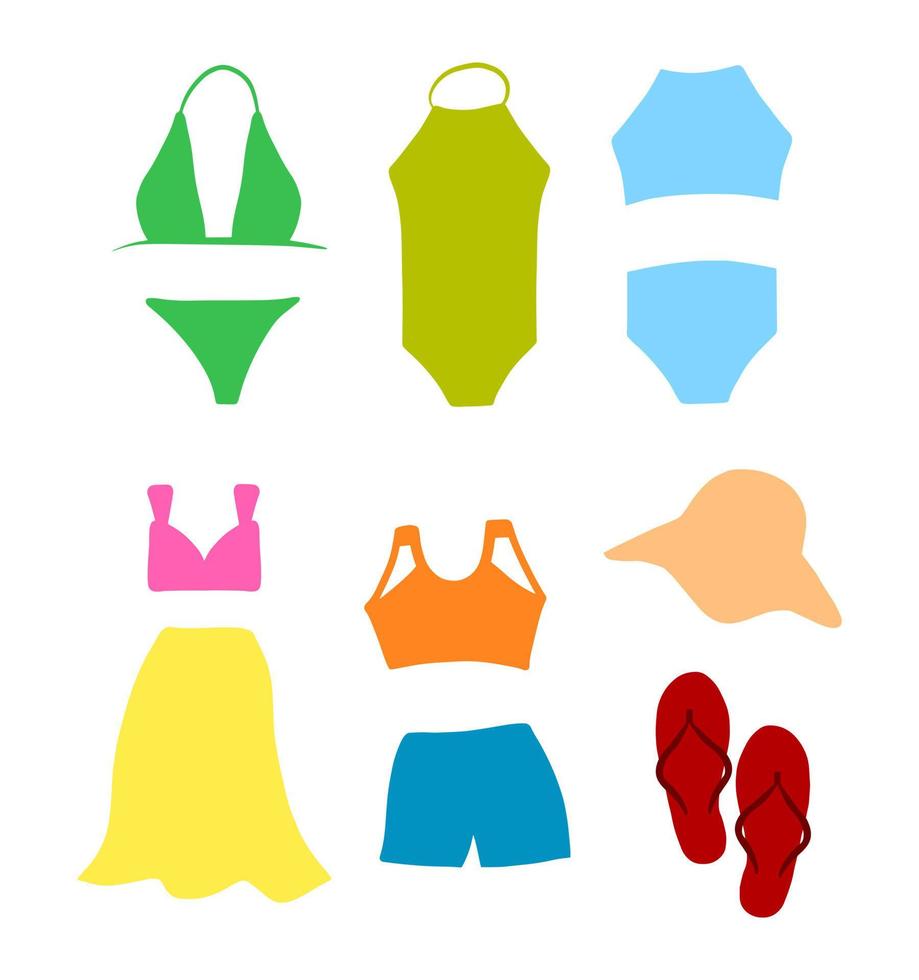 Fashion summer clothes. Clothing clipart, flat dress swimsuit textile. Vacation outfit, sundress and skirt vector icon set.