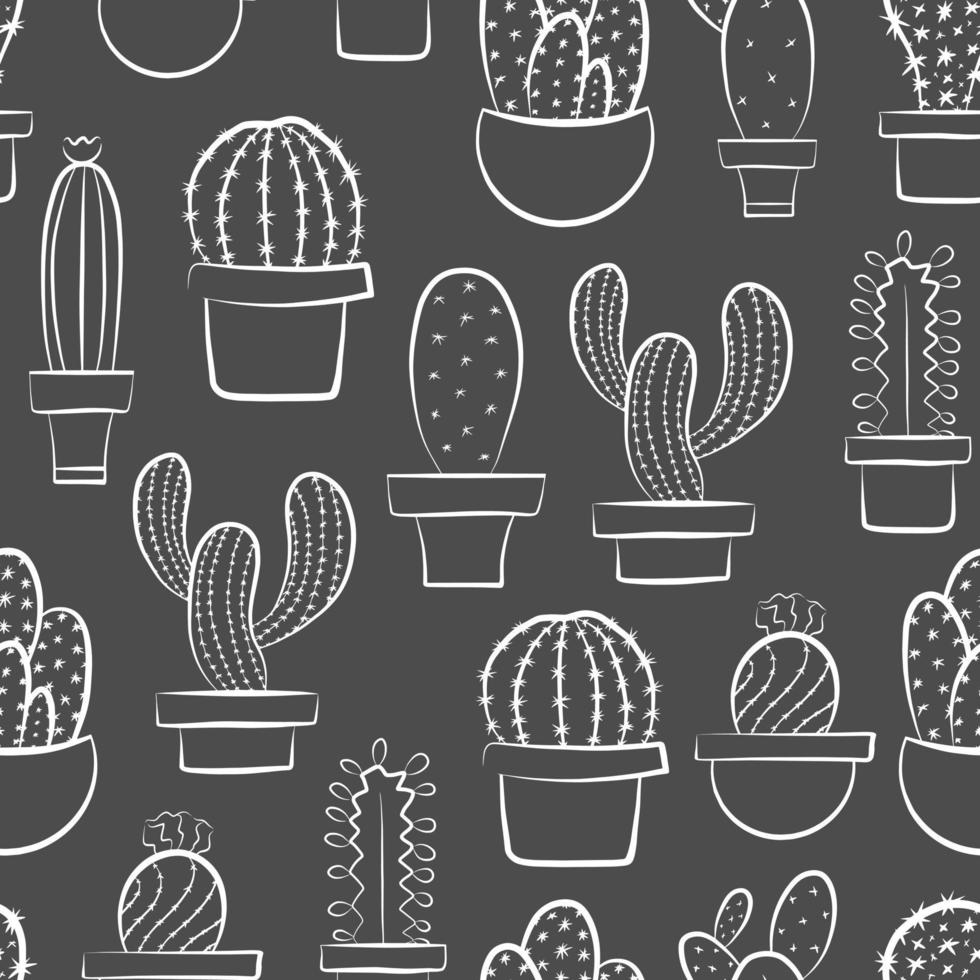 Cactus plant isolated vector illustration. Black and white seamless pattern template. Simple graphic outline drawing. Doodle desert succulent flower icon set.