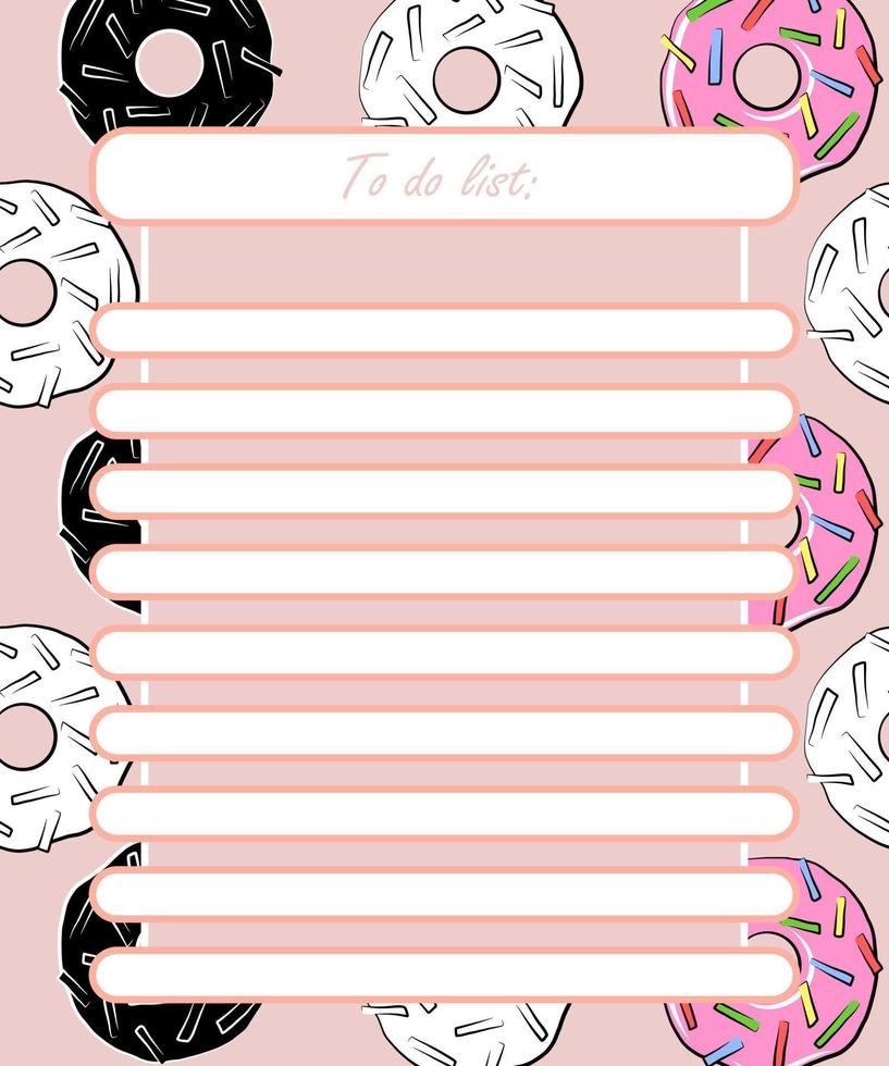 Donut sweet food vector to do list template. Typography poster. Planner illustration. Design for agenda, schedule, planners, checklists, notebooks, cards.