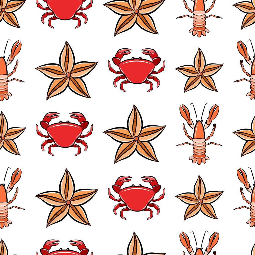 Cartoon seamless pattern isolated on white background with crab, langouste seashell crustacean and starfish. Textile print or nursery wallpaper vector template. Sea fish, nautical animal wildlife
