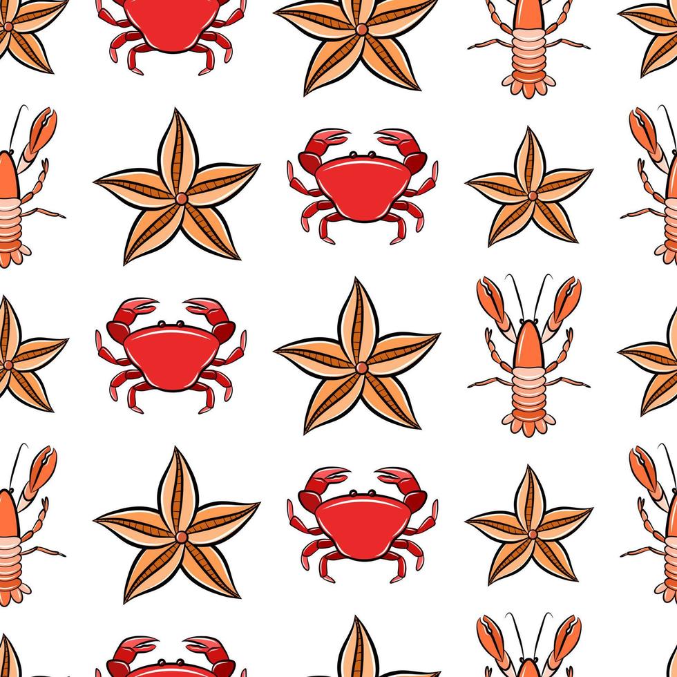 patrón de dibujos animados aislado sobre fondo blanco con cangrejo, crustáceo de concha de langouste y estrellas de mar. estampado textil o plantilla vectorial de papel tapiz de vivero. peces de mar, fauna animal náutica vector