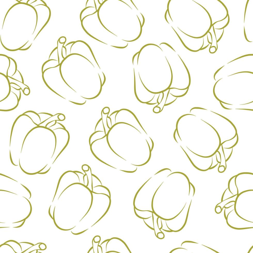 Vector seamless pattern with sweet Bulgarian pepper vegetable, cartoon flat isolated background wallpaper, doodle outline food drawing. Textile print. Fresh organic healthy farm plant.