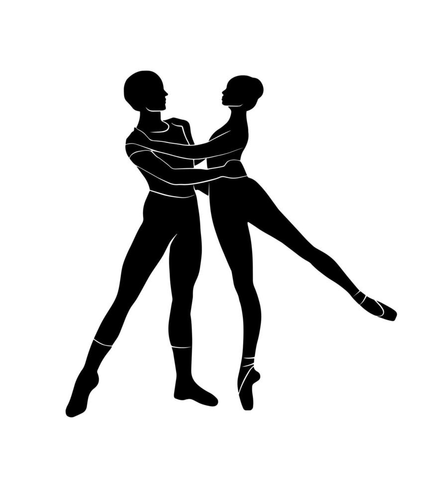 ilustración vectorial con pareja de bailarines de ballet. forma de sombra de cuerpo de hombre y mujer joven aislada sobre fondo blanco. diseño del logotipo del estudio de ballet. vector