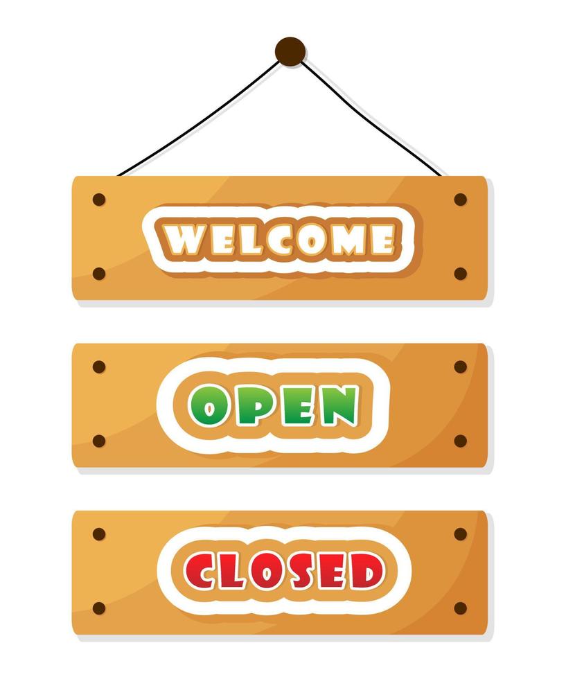 Welcome, open, closed text wooden mark, isolated shop entrance design element. Cartoon wood texture, direction door board plank. Information banner template. vector