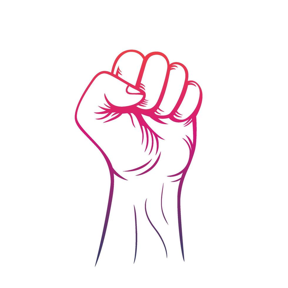 fist held high vector outline, revolt, protest sign over white