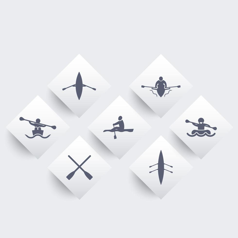 Rowing, kayak, canoe, rafting, oars rhombic icons set, vector illustration