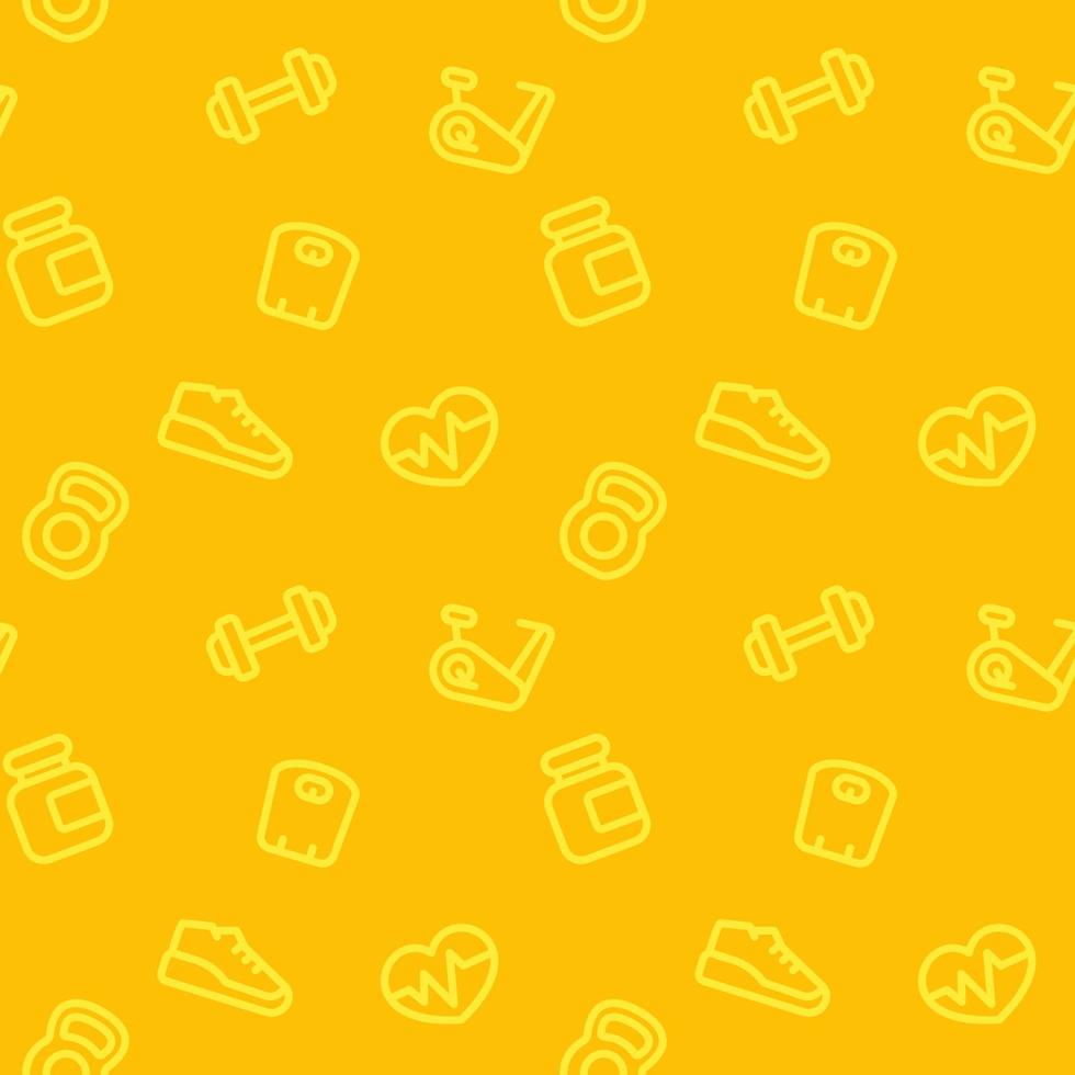 fitness pattern, seamless yellow background with linear gym icons vector