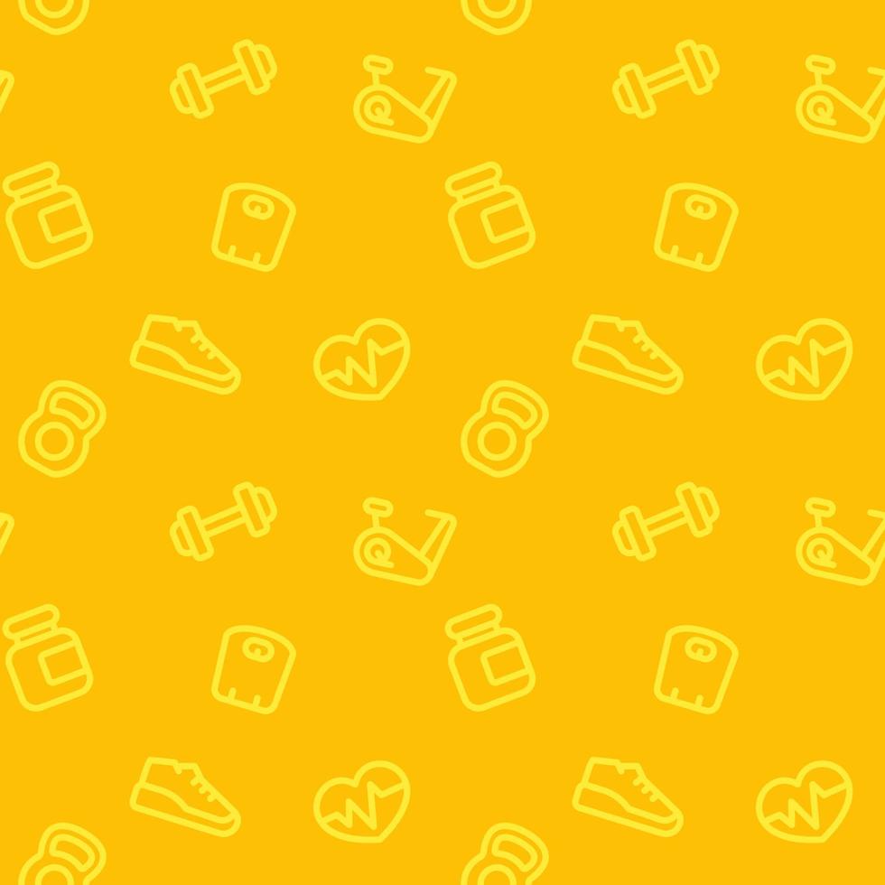 fitness pattern, seamless yellow background with linear gym icons vector