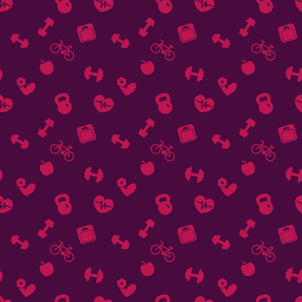 seamless pattern with fitness icons, dark red seamless fitness background, vector illustration