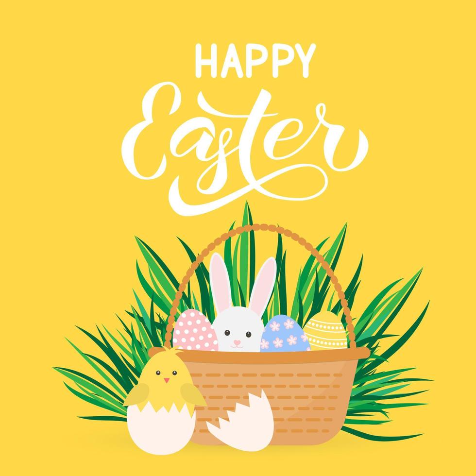 felices letras de caligrafía de Pascua. canasta de huevos, conejito y lindo pollo de dibujos animados. tarjeta de felicitación de celebración de Pascua. plantilla fácil de editar para invitación de fiesta, afiche, pancarta. ilustración vectorial vector