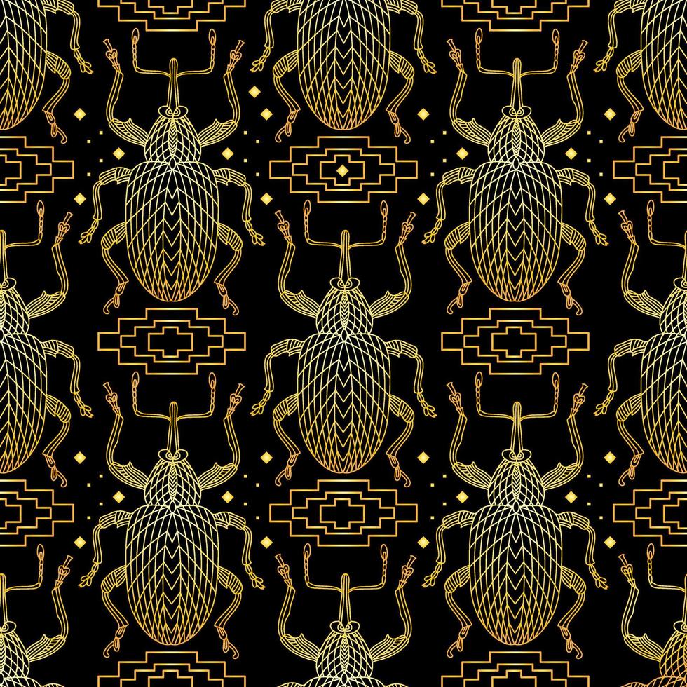 Seamless pattern with golden beetles and square ornaments in Greek style. vector