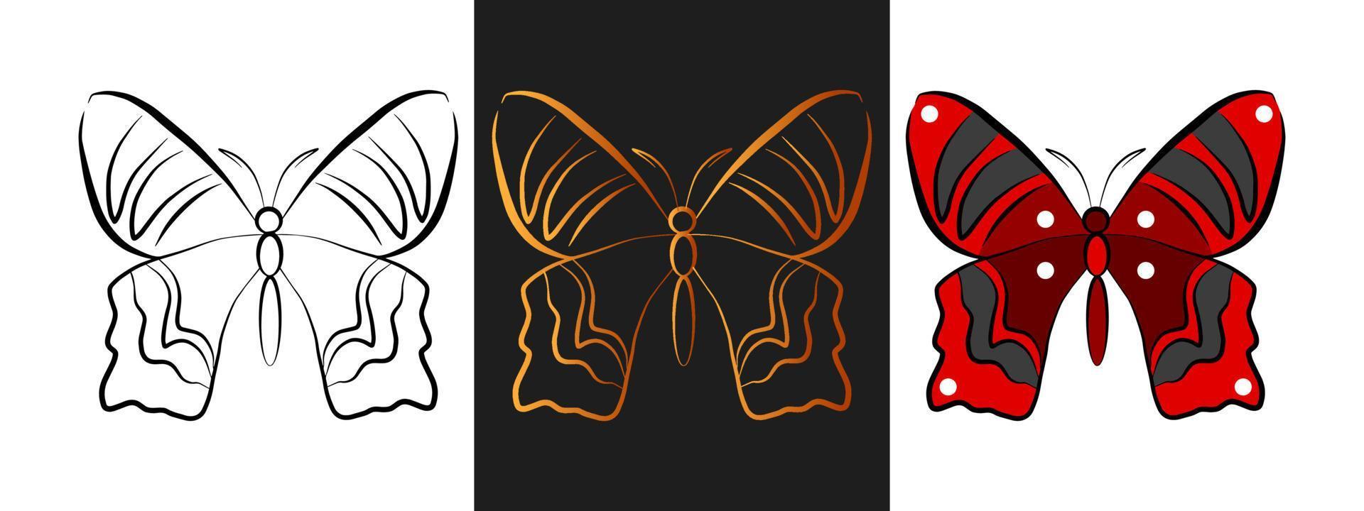 elemento de diseño de logotipo de contorno de animal de mariposa. contorno de contorno negro y dorado, conjunto de iconos aislados de estilo de arte de línea. hermosa plantilla de tatuaje. dibujo de insectos de dibujos animados. vector