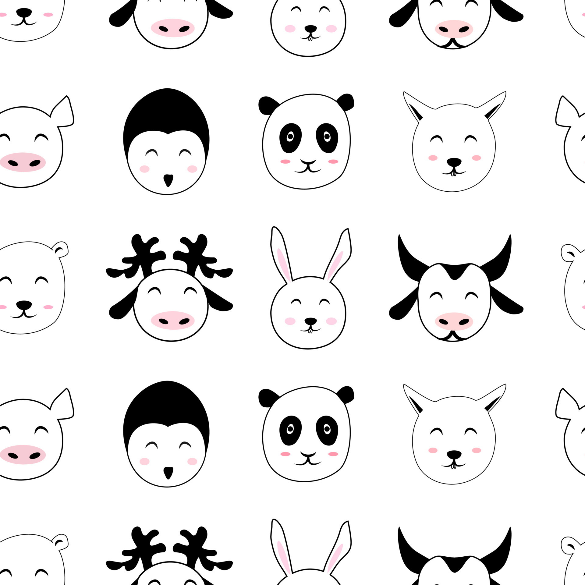 Doodle cute animal face seamless pattern template. Cheerful outline sketch  drawing isolated on white background. Simple nursery wallpaper, fabric  print. 7170279 Vector Art at Vecteezy