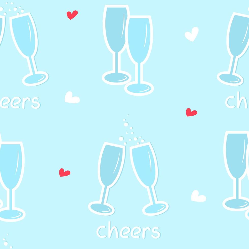 Champagne drink glasses seamless pattern template. Flat blue vector
