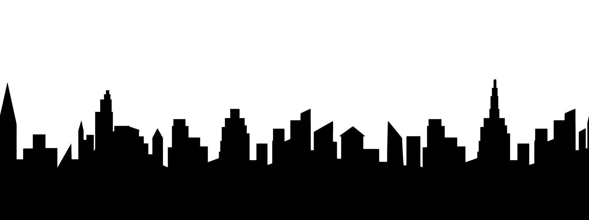 vista panorámica de la ciudad, ilustración vectorial gráfica plana. forma de sombra negra aislada simple, impresión abstracta de borde sin costuras. silueta de edificio urbano. vector