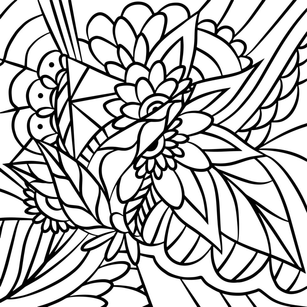 Doodle line art black contour drawing, colouring page book, abstract art therapy template, isolated on white vector floral illustration.