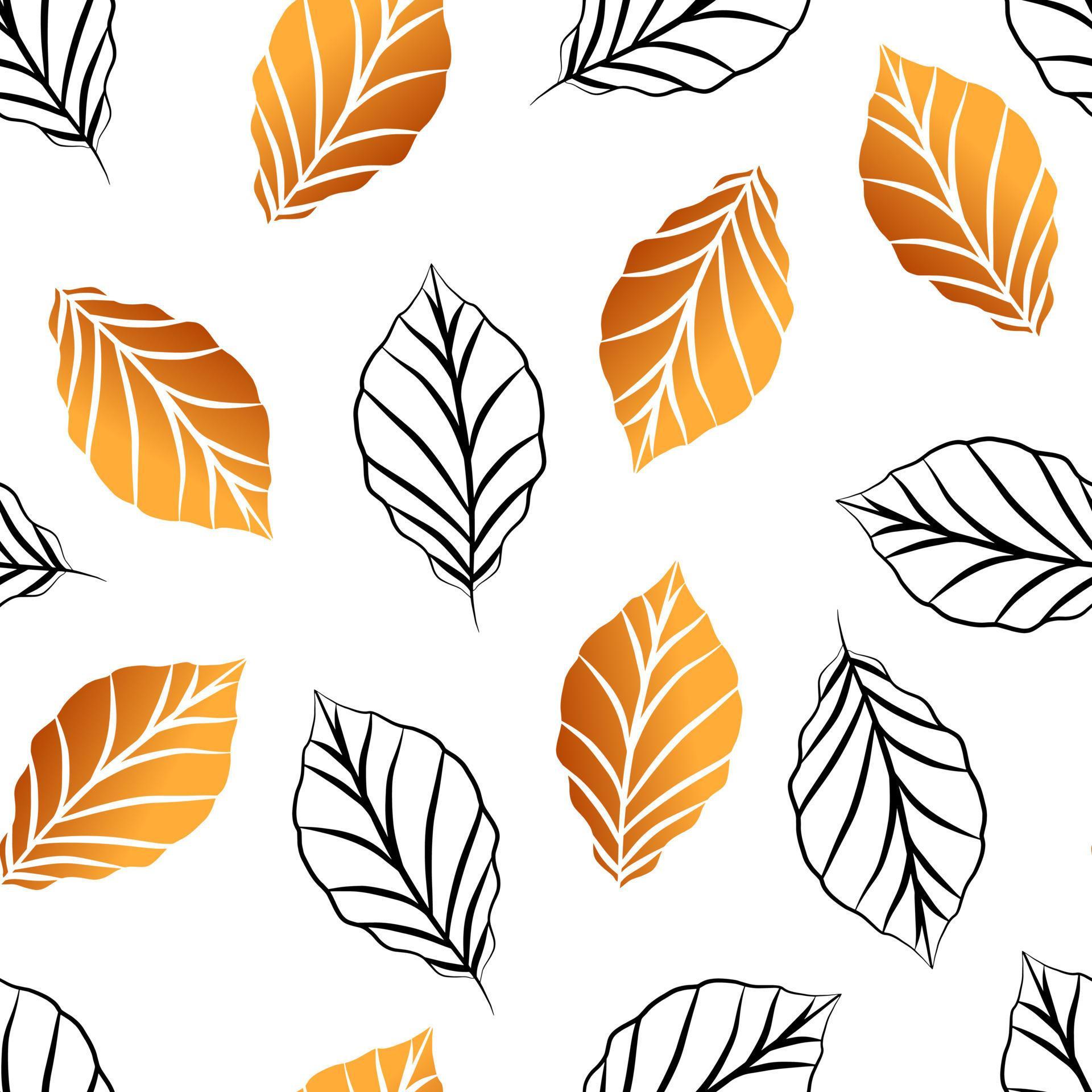 Botanical golden tree leaves seamless pattern in line art style. Vector