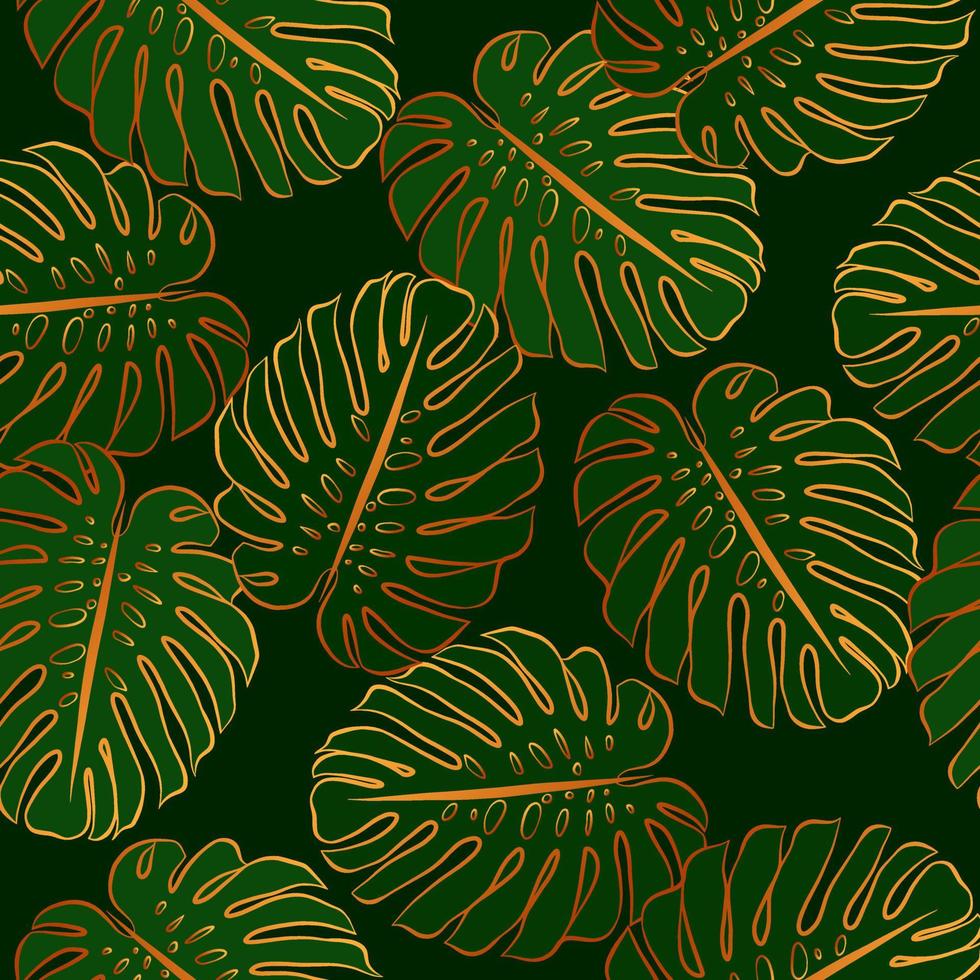 Monstera gold leaf seamless pattern. Vector botanical wallpaper template. Graphic elegant textile print. Outline sketch drawing.