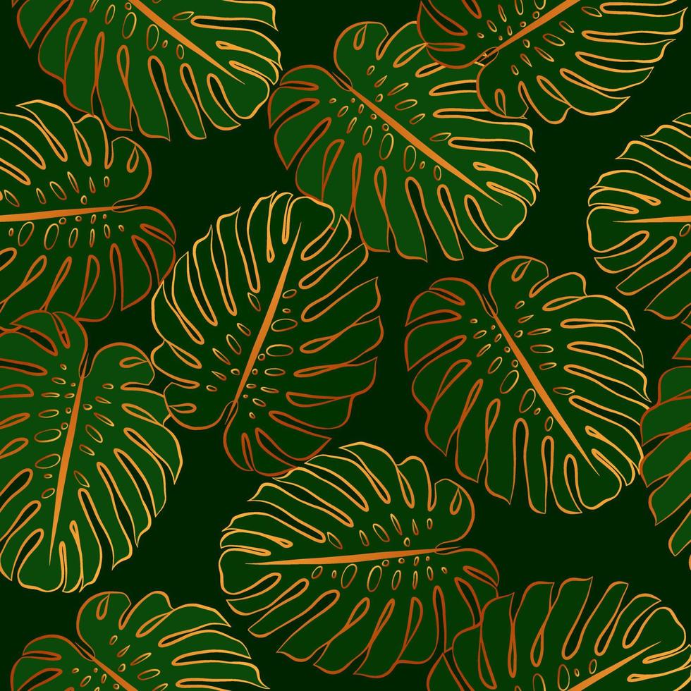 patrón sin costuras de hoja de oro monstera. plantilla de papel tapiz botánico vectorial. estampado gráfico elegante textil. dibujo de croquis de contorno. vector