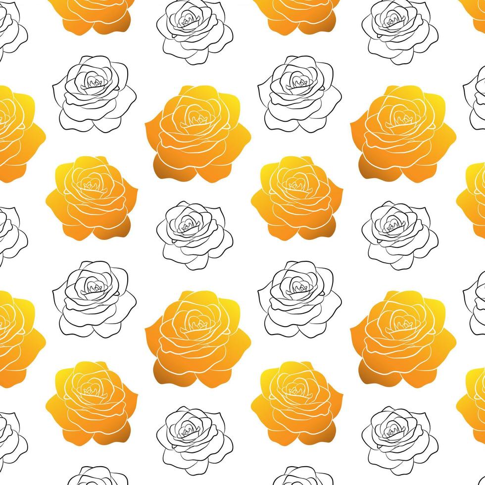Botanical golden seamless pattern in line art style. Vector rose flower isolated on white background luxury fabric print template. Botany and garden backdrop. Gold coloured.
