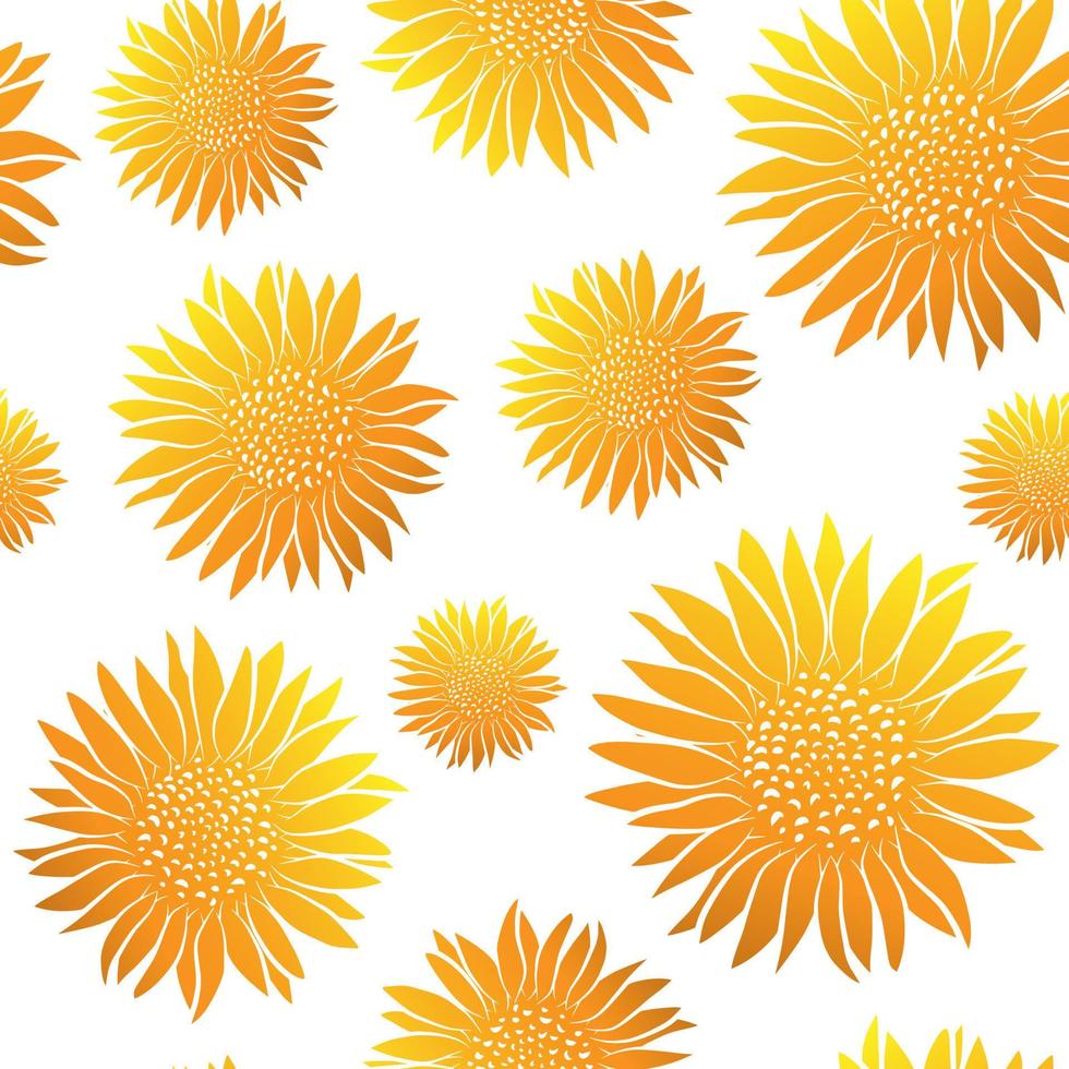 Botanical golden seamless pattern with sunflowers in line art style. Vector isolated on white background gold flowers, luxury fabric print template. Botany and garden backdrop.