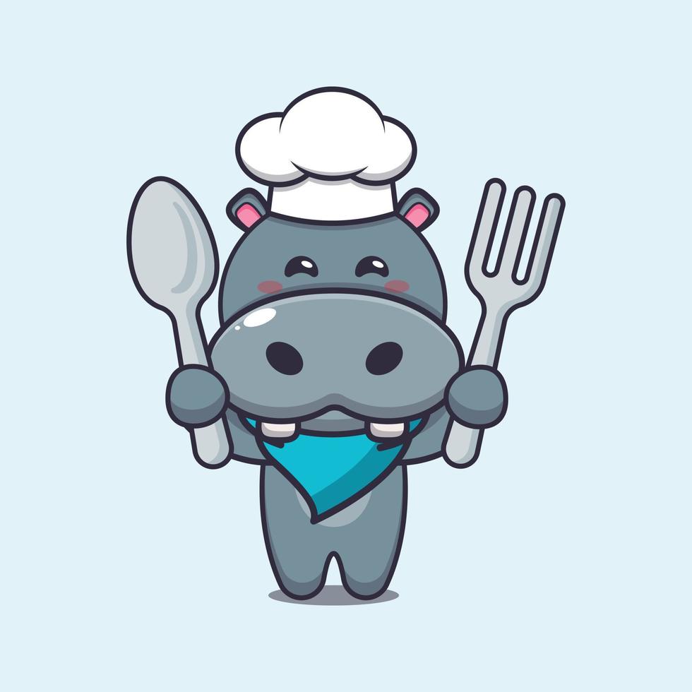 lindo personaje de dibujos animados de la mascota del chef hipopótamo con cuchara y tenedor vector