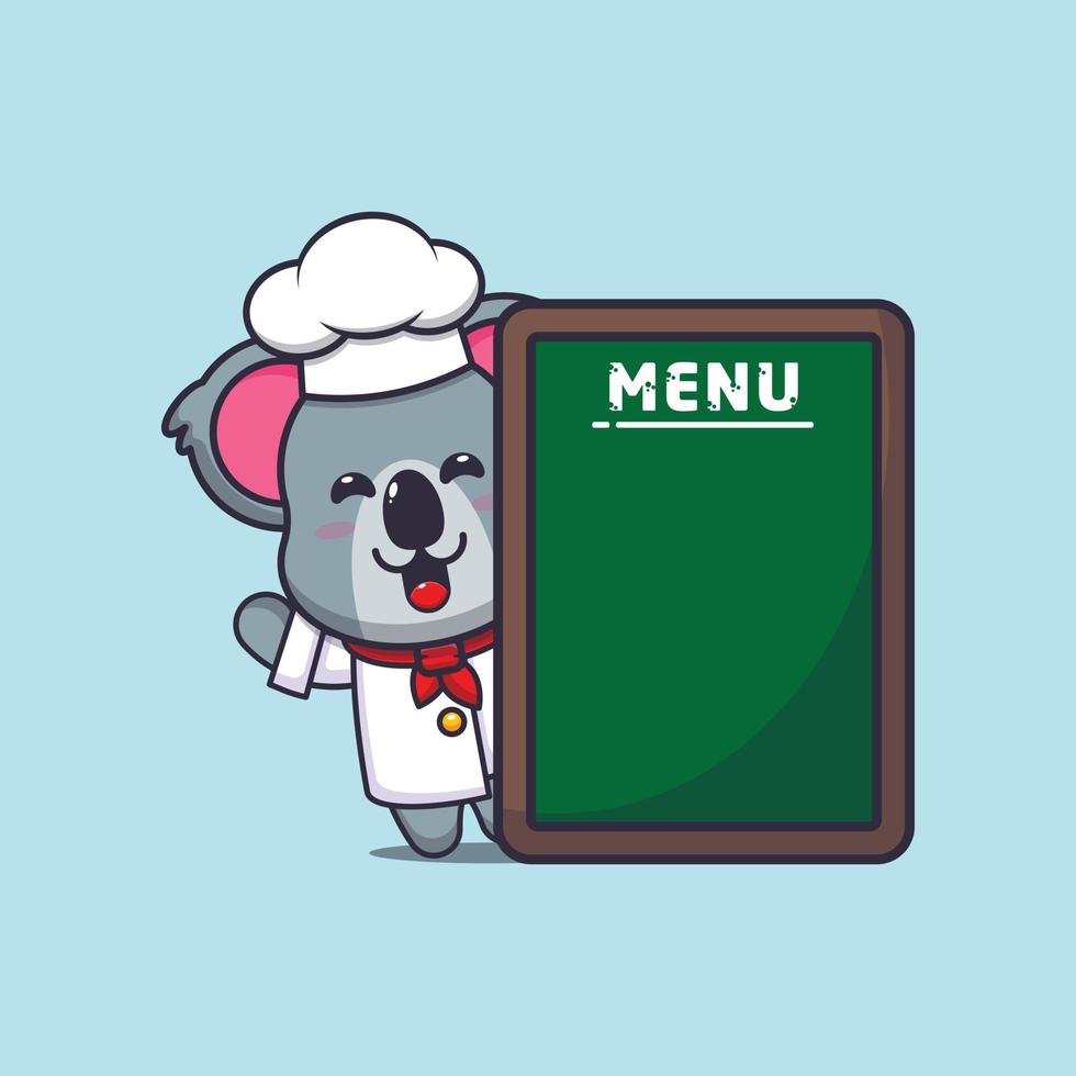 lindo personaje de dibujos animados de la mascota del chef koala con tablero de menú vector