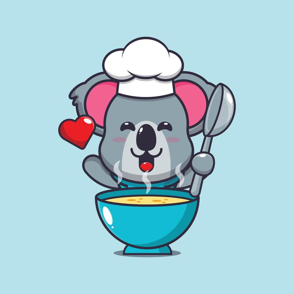 lindo personaje de dibujos animados de la mascota del chef koala con sopa vector