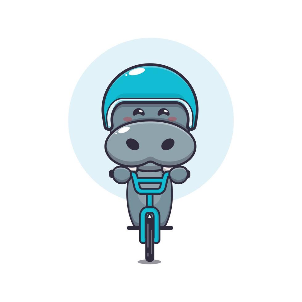 lindo personaje de dibujos animados de la mascota del hipopótamo paseo en bicicleta vector