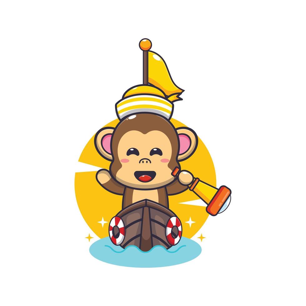 cute monkey mascot cartoon character on the boat vector