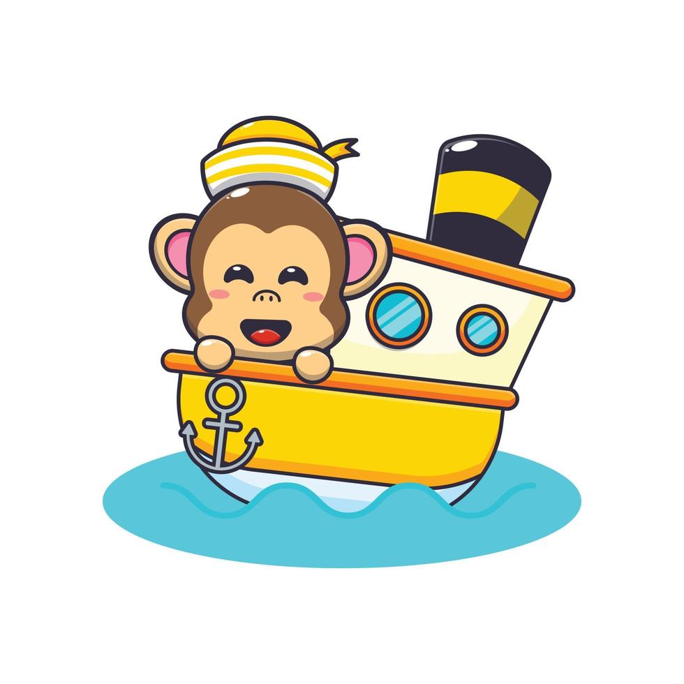 cute monkey mascot cartoon character on the ship vector