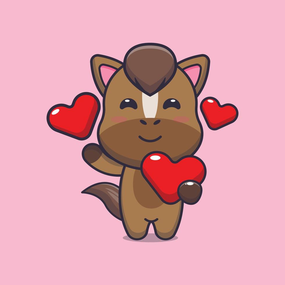 cute horse cartoon character holding love heart in valentines day vector