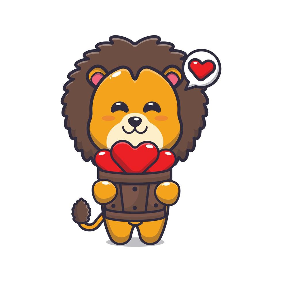 cute lion cartoon character holding love in wood bucket vector