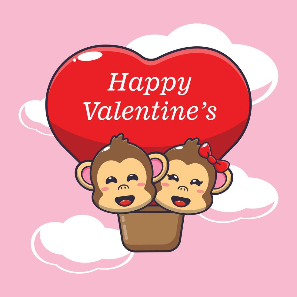 cute monkey cartoon character fly with air balloon in valentines day vector