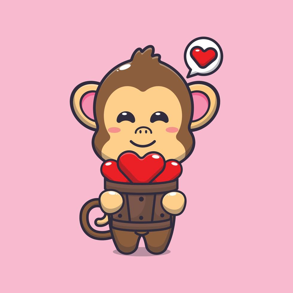 cute monkey cartoon character holding love in wood bucket vector