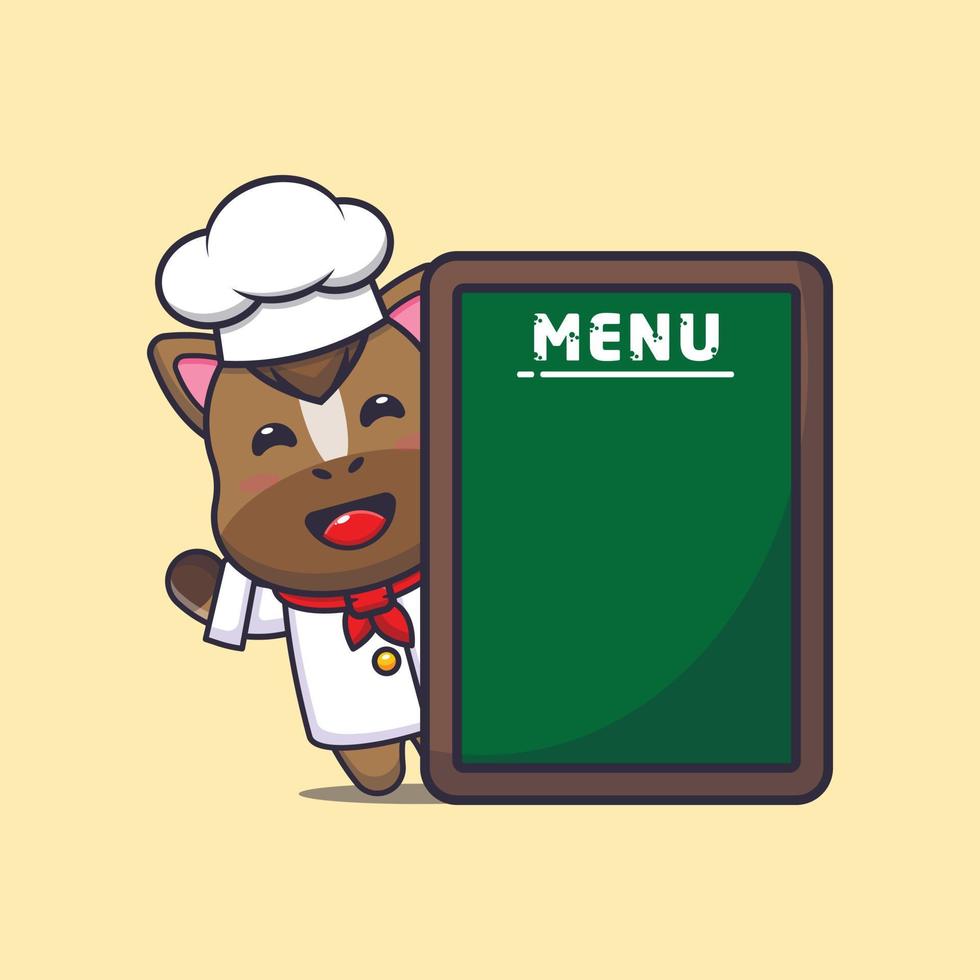 lindo caballo chef mascota personaje de dibujos animados con tablero de menú vector