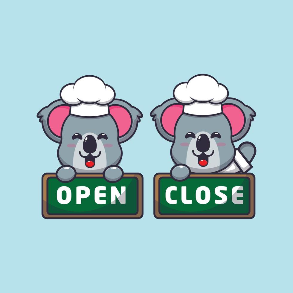 cute koala chef mascot cartoon character with open and close board vector