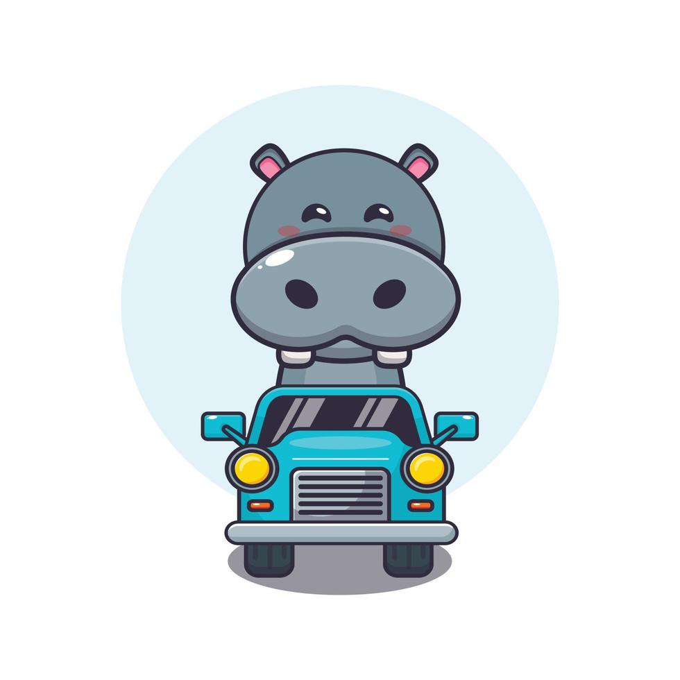 cute hippo mascot cartoon character ride on car vector