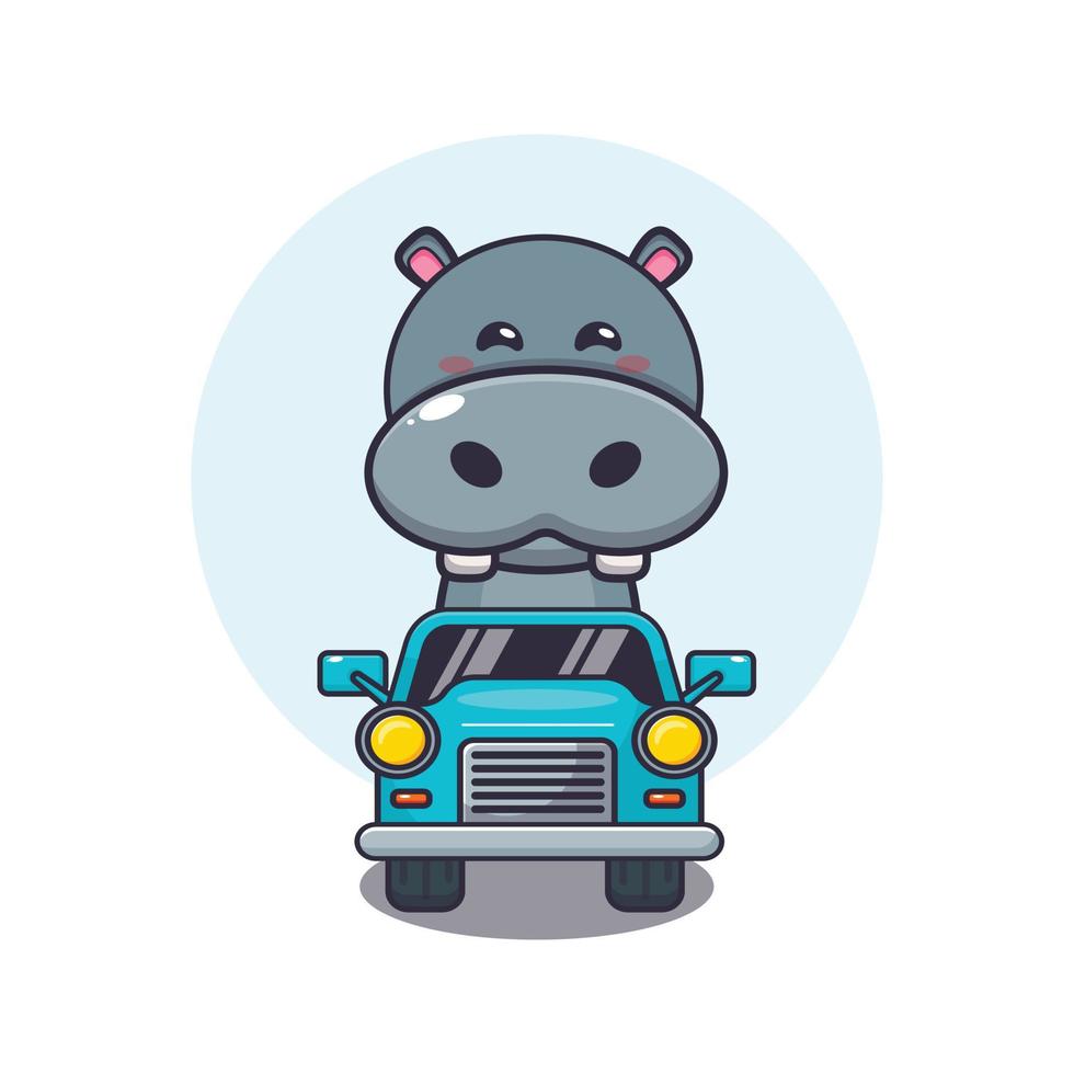 lindo personaje de dibujos animados de la mascota del hipopótamo paseo en coche vector