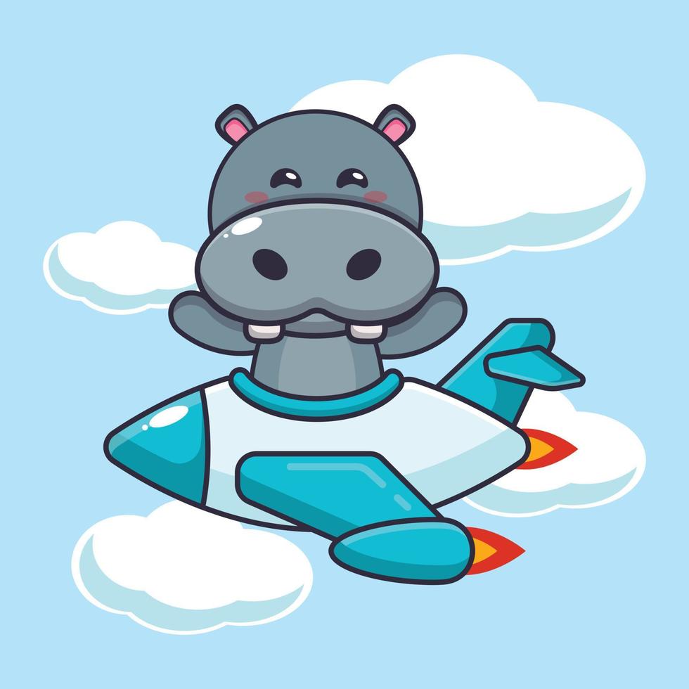 cute hippo mascot cartoon character ride on plane jet vector