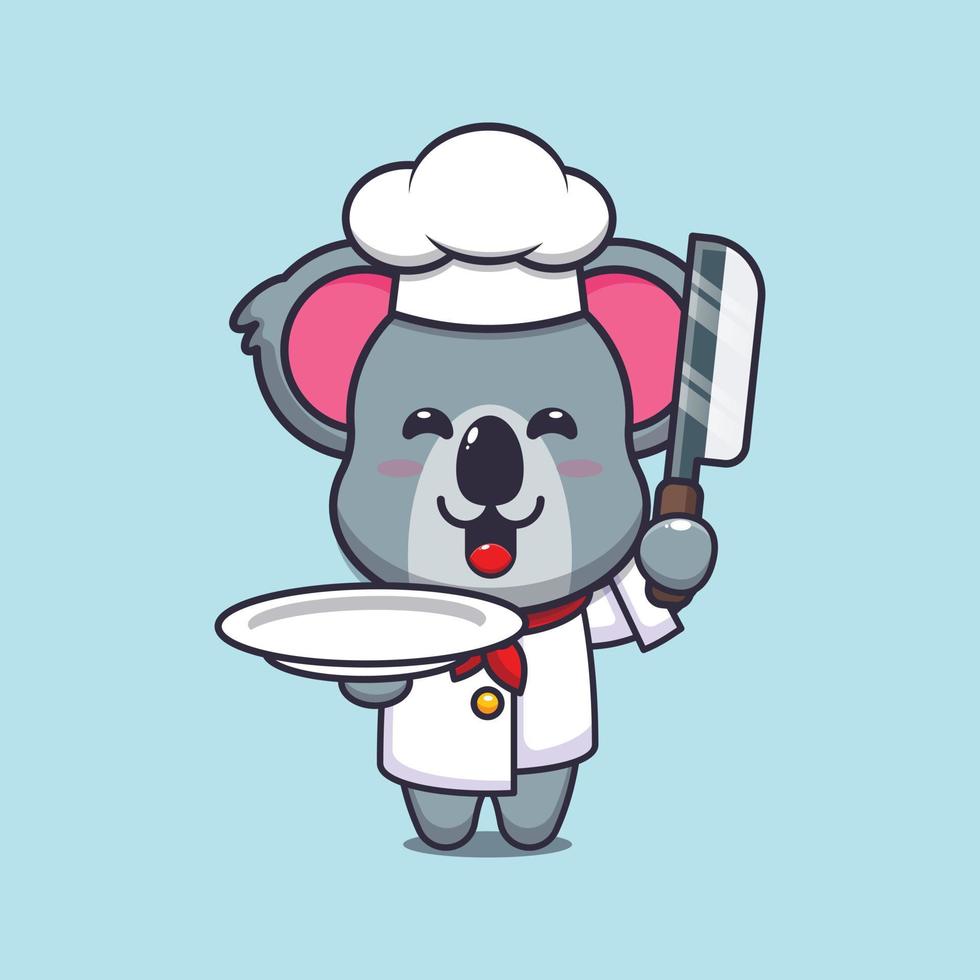 lindo personaje de dibujos animados de la mascota del chef koala con cuchillo y plato vector