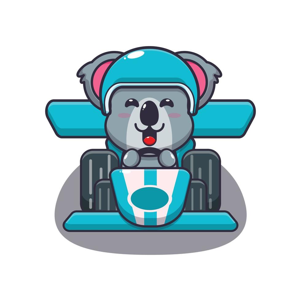 lindo koala mascota personaje de dibujos animados montando coche de carreras vector