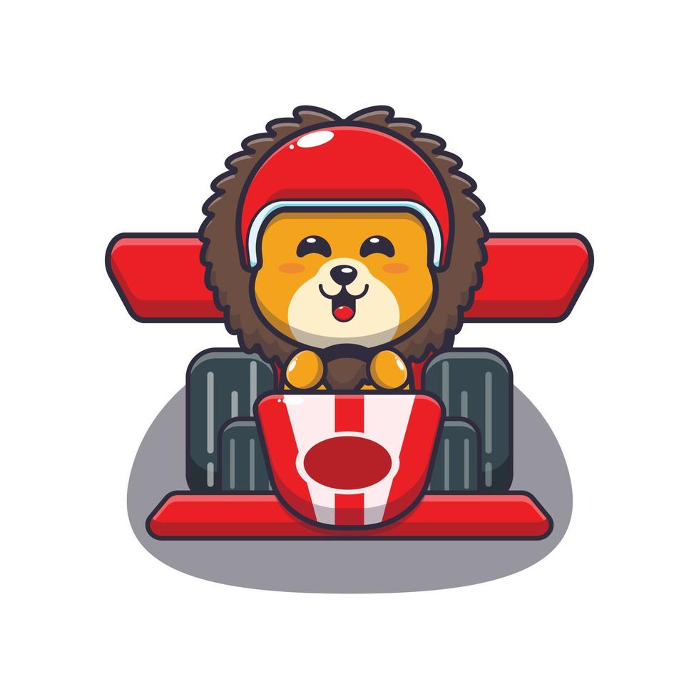 cute lion mascot cartoon character riding race car vector