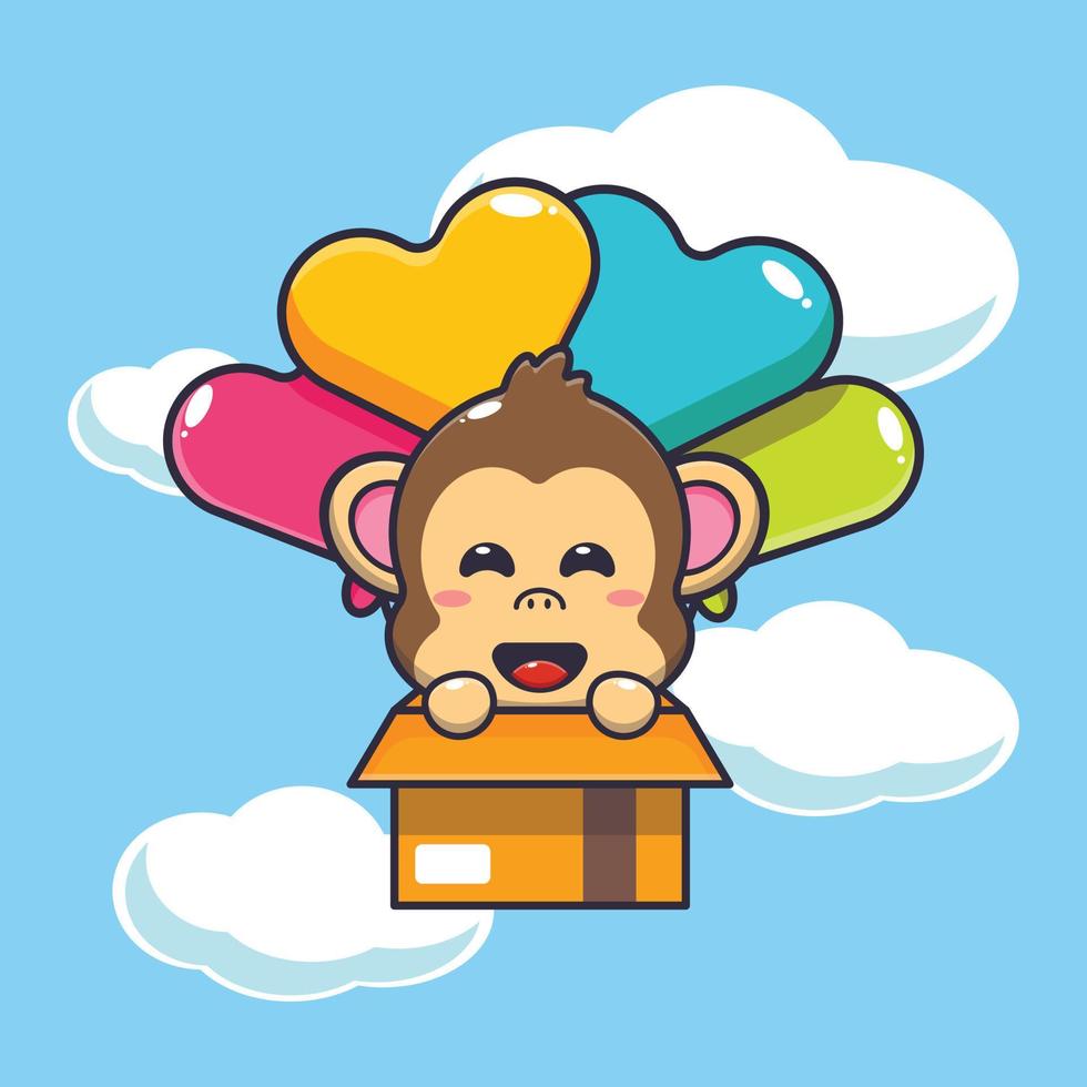 cute monkey mascot cartoon character fly with balloon vector