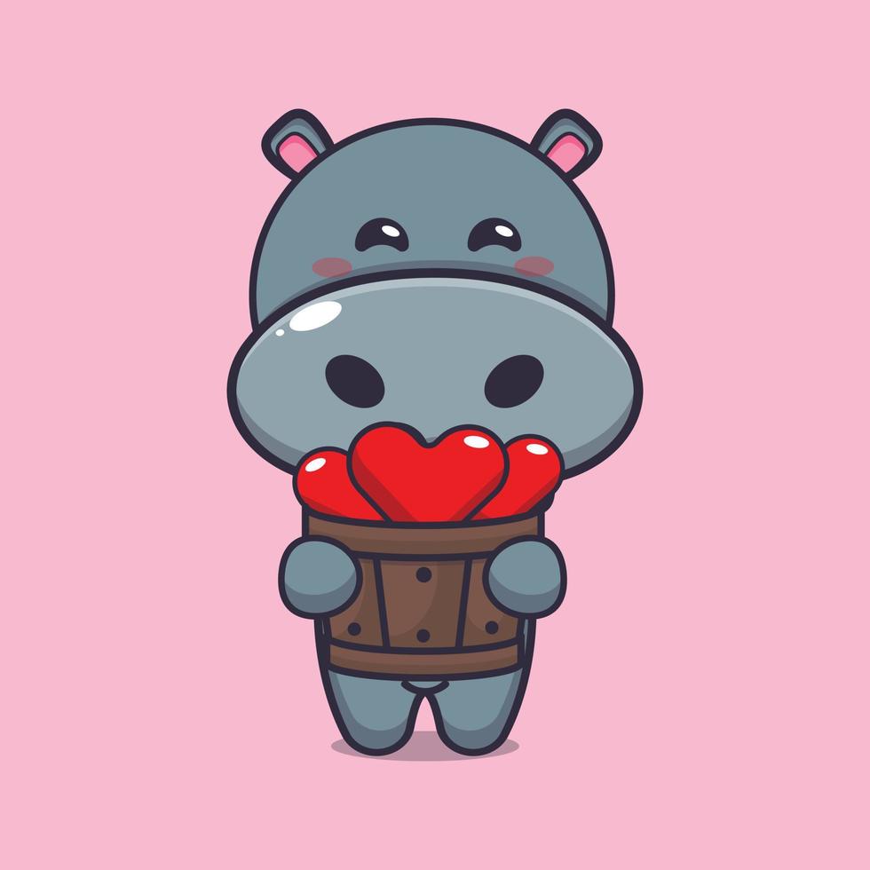 cute hippo cartoon character holding love in wood bucket vector